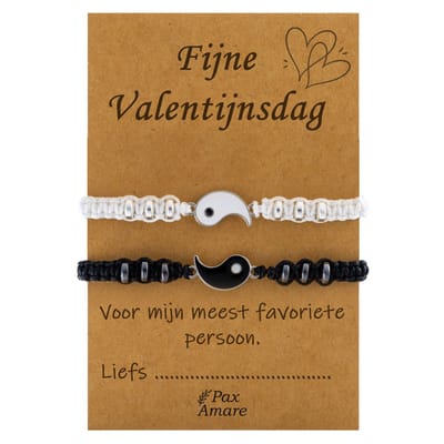 Koppel Armbandjes voor 2 "Fijne Valentijnsdag" - Yin Yang - BFF Armbandjes met Cadeau Kaartje - Zwart & Zilverkleurig - Elastisch Verstelbaar - Pax Amare