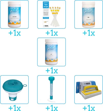 Zwembad Onderhoudspakket - Onderhoud Zwembad - bevat Chloor - Testrips - PH-min - PH-plus - Chloordrijver - Thermometer en Scrubborstel (7-delig)