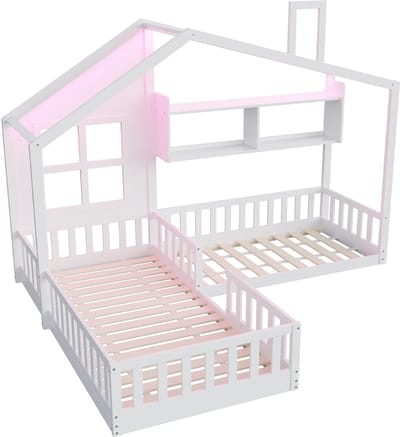 Kinderbed 90x200 - Huisbed - Vloerbed-Kinderbed met LED – Massief hout –Uitvalbeveiliging – Planken - Raam - Kinderkamer - 90x200cm- 1 Stuk-Wit