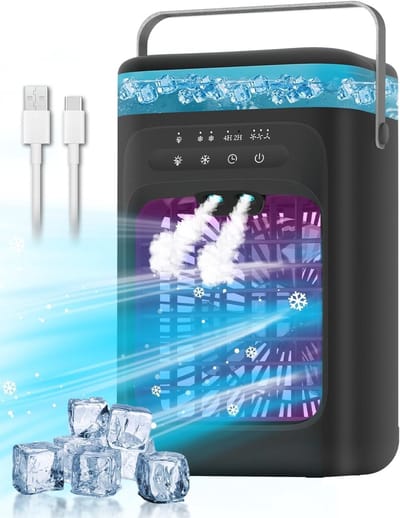 Draagbare aircooler - mini-luchtkoeler met 3 snelheden & 2 vernevelingsstanden, 120° oscillatie, verlichting in 7 kleuren & timer (2-4 uur), compacte koelventilator voor slaapkamer, kantoor, thuis en camping - zwart