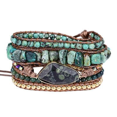 Marama - armband Sea Breeze - Jaspis - turquoise edelsteen - bruin vegan waxcord - damesarmband - cadeau dames - wikkelarmband - one size fits all - geschenkverpakking