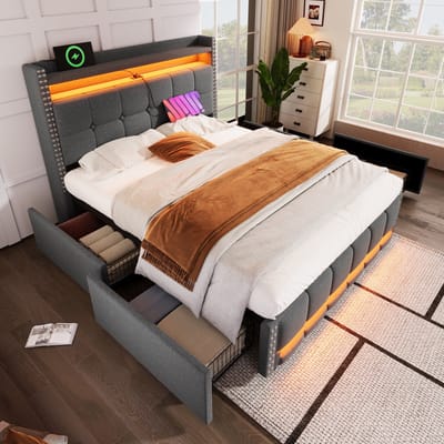 STILVORA Gestoffeerd Bed 140x200 cm – Tweepersoonsbed Met LED & USB – Met Ruime Opberglade Onderbed – Linnenstof – Grijs – Zonder matras