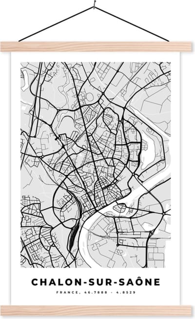 Posterhanger incl. Poster 40x60 cm - Schoolplaat - Plattegrond – Chalon-sur-Saône – Stadskaart – Kaart – Frankrijk - Textielposter - Blanke latten - Stadskaart