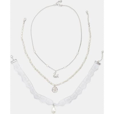 Stradivarius Set van 3 kettingen met zwaan  Grijs OS