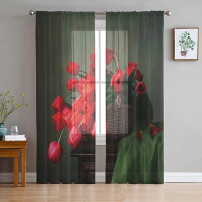 Lelie Rood Stilleven Tule Gordijnen Woonkamer Keuken Chiffon Gordijn Slaapkamer Balkon Transparant Gordijn Mode Huisdecoratie 135W x 114H(cm) black