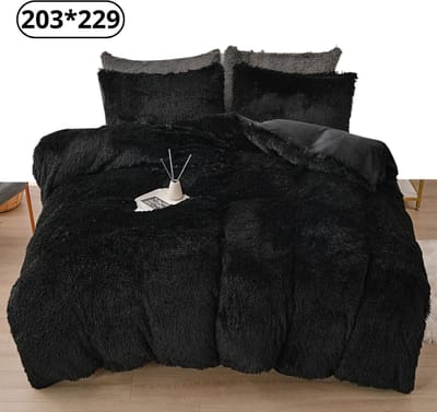 Livano Fluffy Dekbedovertrek - Teddy Dekbedovertrek - Fleece Dekbedovertrek - Pluche - Dekbed - Deken - Inclusief Kussens - Zwart 203x229cm
