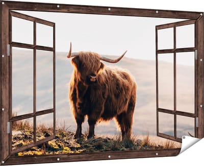 Gards Tuinposter Doorkijk Schotse Hooglander in de Heuvels van Schotland - 180x120 cm - Tuindoek - Tuindecoratie - Wanddecoratie buiten - Tuinschilderij