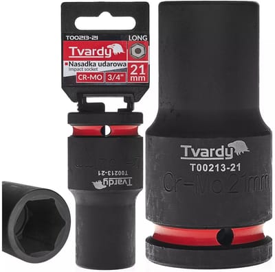 Tvardy Slagdop lang zeskant 21 mm - chroom-molybdeen staal - 19 mm vierkante aandrijving - zwart - voor slagmoersleutel en industrieel gebruik in krappe ruimtes