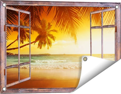 Gards Tuinposter Doorkijk Tropisch Strand tijdens Zonsondergang - 60x40 cm - Tuindoek - Tuindecoratie - Wanddecoratie buiten - Tuinschilderij