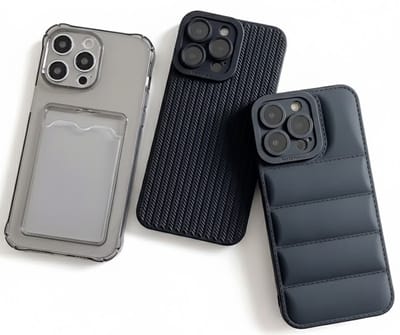 Grijs en zwart telefoon hoesje set met kaartvak en structuur design geschikt voor iPhone 15 Pro Max – backcover cases voor dames en heren met transparant hoesje, geribbelde textuur en gewatteerd uiterlijk