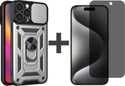 Hoesje met Privacy screenprotector Geschikt voor iPhone 15 Pro Max met Ringhouder en Camera schuifje - Arara backcover - Zilver