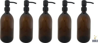 BBBLS® Design Dispenser 5 stuks Giftset "Blanco" | Bruin Glas | 500ml | RVS / Metaal Pomp Zwart | Zeeppomp | Zeepdispenser | Zeephouder