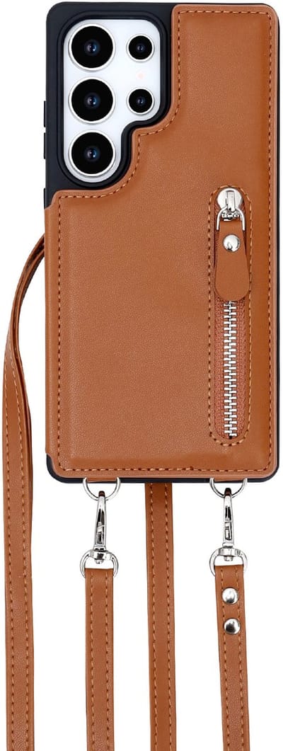 Casemania Hoesje Geschikt voor Samsung Galaxy S25 Ultra - Bruin - Luxe Back Cover met Koord & Rits - Wallet Case met Pasjeshouder - Lanyard Telefoonhoes - Cord Case