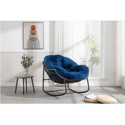 Fauteuil à bascule d'extérieur - MUVOE - Surdimensionné - Rotin synthétique tissé main - Cadre acier poudre - Bleu marine bleu
