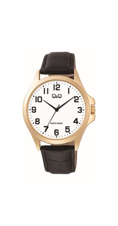 Q&Q C36A-009PY - Horloge - Analoog - Mannen - Heren - Leren band - Rond - Metaal - Cijfers - Zwart - Goudkleurig - Wit