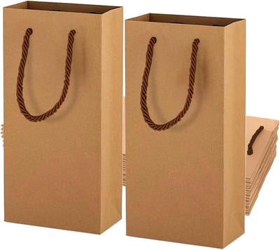 Premium Kraft Papieren Wijn Cadeauzakken - Set van 2 Flessen met Verstevigde Handvatten - Perfect voor Feestdagen, Bruiloften en Evenementen (Bruin)