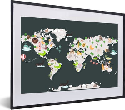 Poster in lijst - Fotolijst 60x40 cm - Posters - Wereldkaart - Dieren - Grijs - Posterlijst zwart - Decoratie - Wanddecoratie woonkamer - Muurdecoratie slaapkamer