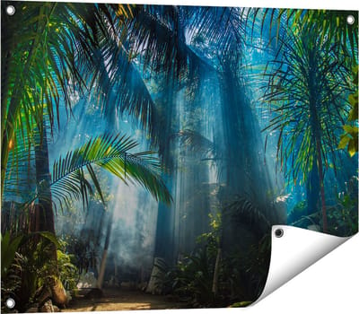 Gards Tuinposter Dichtbegroeide Jungle met Zonnestralen - 80x60 cm - Tuindoek - Tuindecoratie - Wanddecoratie buiten - Tuinschilderij