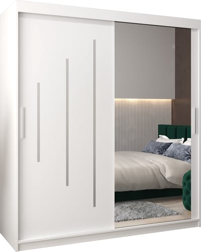 InspireMe - Kledingkast met 2 schuifdeuren, Modern-stijl, Een kledingkast met planken en een spiegel (BxHxD): 180x200x62 - MALTESE II 180 Wit Mat