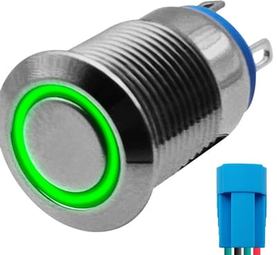 ProRide Metalen Drukschakelaar 12V ON-OFF - 12mm - Aan/uit schakelaar met Aansluitkabel - Spatwaterdicht - 12V/24V - LED Indicatie Groen