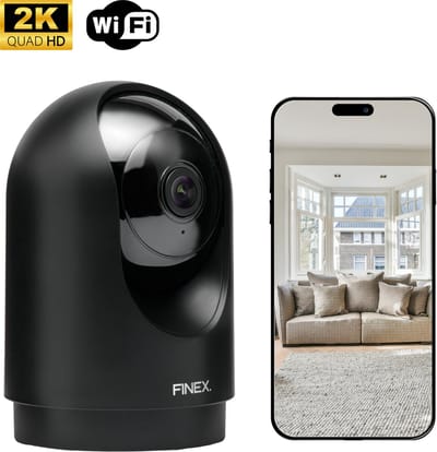Finex Binnenhuis Camera – 2K Ultra HD – Geen abonnement - Huisdiercamera met app – Binnen camera – Indoor camera – Bewakingscamera – Beveiligingscamera Met WiFi en App – Hondencamera – Black Edition