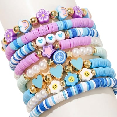 8 Blauw roze kralen armbanden set voor dames – elastische armband met hartjes, bloemen en stervormige kralen