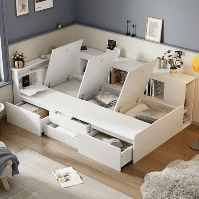 KOMHTOM Kinderbed 90*200 cm, eenpersoonsbed met laden, boekenkast en opbergmeubel met opbergruimte, wit