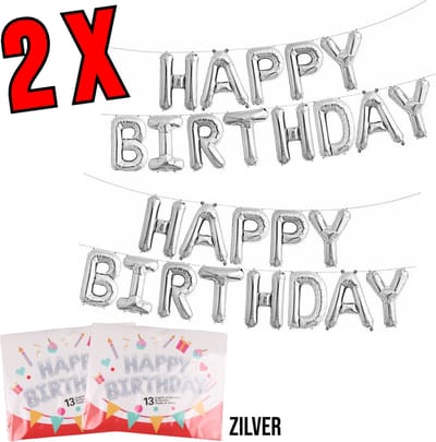 Allernieuwste.nl® 2 SETS Happy Birthday Ballonnen Zilver - Feest Versiering Verjaardags Folie Ballonnen Feest Decoratie Slinger Zilver - 2 sets