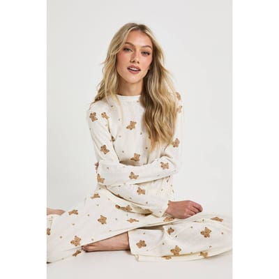 boohoo Dames Petite Pointelle Bear Print Top met Lange Mouwen en Pyjama Set met Wijde Broek | Creme | Maat: 40