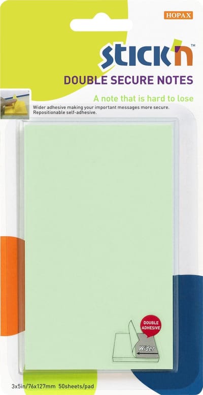 Stick'n sticky notes - extra brede lijmlaag, 76x127mm, groen, 50 memoblaadjes
