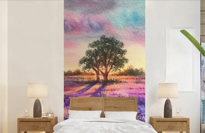 Behang - Fotobehang Lavendel - Verf - Vogels - Bomen - Paars - Breedte 120 cm x hoogte 240 cm