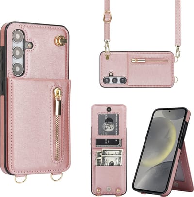 Multimedia & Accessoires Stijlvolle Leren Fashion Backcover Case Hoesje met Koord, Stand Ritsvak en Pasjeshouders geschikt voor Samsung Galaxy S24 - Rosegoud