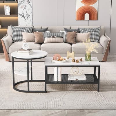 Modern salontafels, set van 2 salontafels met grote opbergruimte, tafelblad met marmermotief en stevige metalen onderstellen, woonkamermeubel