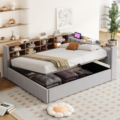 DESMIU Gestoffeerd Bed 140x200 cm – Slaapbank Met Nachtlamp En USB-Oplaadpunten – Hydraulische Opbergruimte En Vakken – Voor Slaapkamer – Fluweel – Lichtgrijs – Zonder Matras