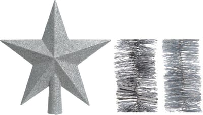 Kerstversiering kunststof glitter ster piek 19 cm en folieslingers pakket zilver van 3x stuks - Kerstboomversiering