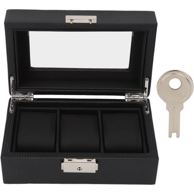 Horlogebox met 3 vakken, afsluitbaar, klein, PU-leer, opbergdoos voor horloges en sieraden, met transparant deksel voor mannen en vrouwen black