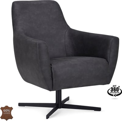 Icon Living - Fauteuil Pearl - Microleder Bull Anthracite - Poot Zwart 360° Draaibaar