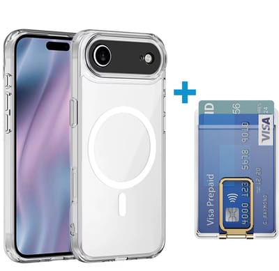 VOWLUX transparant hoesje en losse wallet pasjeshouder geschikt voor Iphone 17 Air – magsafe compatible met 32 magneten – pasjeshouder voor 2 pasjes – Goud klep – telefoonstandaard hoes case
