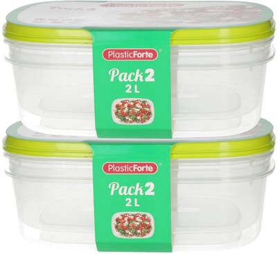 Plasticforte Vershoudbakjes - 4x stuks - 2 liter - herbruikbaar - transparant/lime - kunststof- magnetron - vriezer