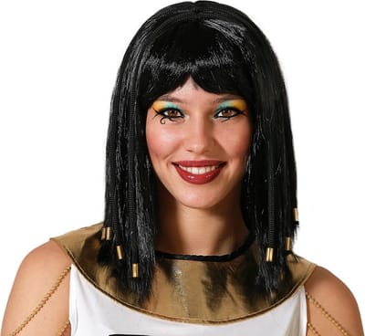 Atosa Verkleedpruik Dames - zwart - Prinses uit Egypte - half lang haar - met kralen - carnaval - Cleopatra