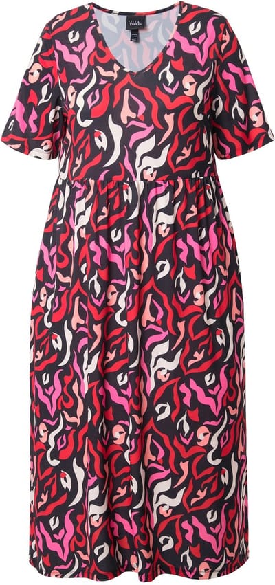 Ulla Popken - Dames - Maxi-jurk A-lijn V-hals korte mouwen zakken - Zwart - Maat 42+