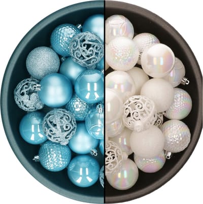 Decoris kerstballen - 74x st - parelmoer wit en ijsblauw - 6 cm - kunststof