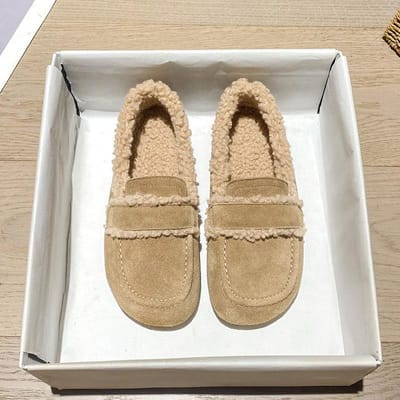 Krullend Lamsvacht Dames mocassins echt leer bont platte schoenen dames band gesp lamswol instappers winter harige schoenen voor vrouw 9 beige