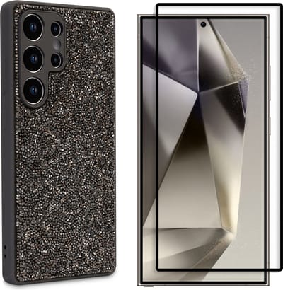 Casemania Hoesje & Volledig Dekkend Glas Geschikt voor Samsung Galaxy S25 Ultra - Zilver - Diamant Glitter Back Cover & Glazen Screenprotector
