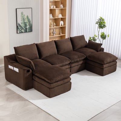 MODENUIT Hoekbank 335 x 167 x 85 cm - 4-Zits Modulair Met 2 Hockers En Zijvakken - Woonkamer En Kantoor - Cord Bruin