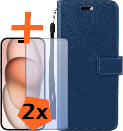 Hoes - Met 2x Screenprotector - Geschikt voor Apple iPhone 15 - Luxe Pasjeshouder - Bookcase Portemonee - Flip Case - Kunstleer Book Case - Flipcase Hoes - Book Cover - Walletcase - PortemonneeHoes - Donkerblauw