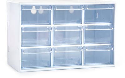 PlasticForte Sorteerbakjes spijkers/schroeven - 9x lades - 18.5 x 10 x 12 cm - opbergkastjes - ophangbaar - wit/transparant