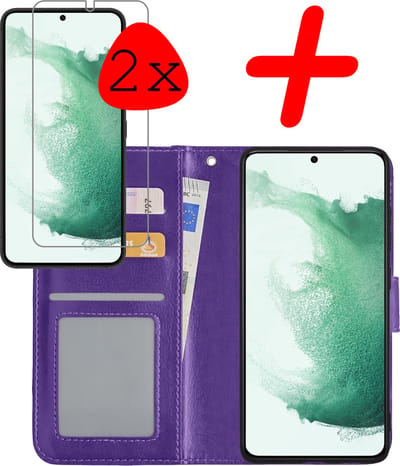 Hoesje Met 2x Screenprotector - Geschikt voor Samsung Galaxy S22 - Luxe Pasjeshouder - Bookcase Portemonee - Flip Case - Kunstleer Book Case - Flipcase Hoes - Book Cover - Walletcase - Portemonneehoes - Paars
