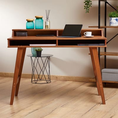 Bureau LUNA met 2 open vakken, van massief hout in kastanjekleur
