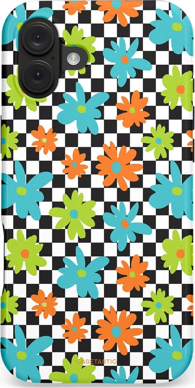 Casetastic hoesje geschikt voor Apple iPhone 16 Plus - MagSafe - Dubbellaagse bescherming - Retro Bloem Power - Fashion Case - Zwart Turquoise Grijs Wit
